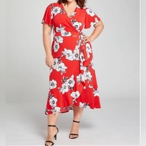 Lane Bryant Red & White Floral Faux Wrap Maxi Dress Size 26/28